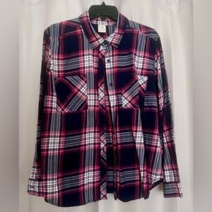 Faded Glory Red Navy Plaid Button Down Flannel Shirt XL